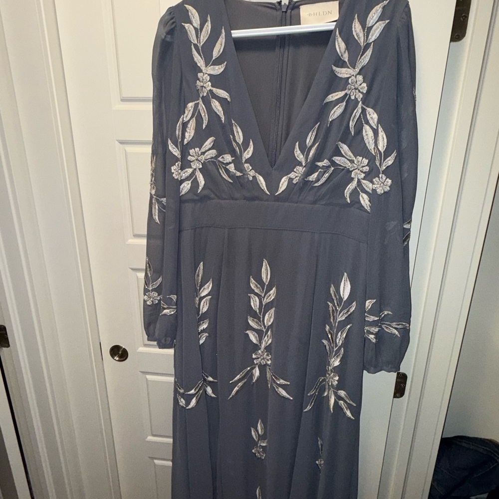 BHLDN Charcoal Floral Long Sleeve Dress